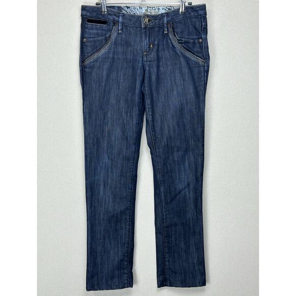Marciano Women’s Dark Wash Denim Jeans Sz 27 Gold & Leather Trim Low Rise USA - Picture 1 of 16